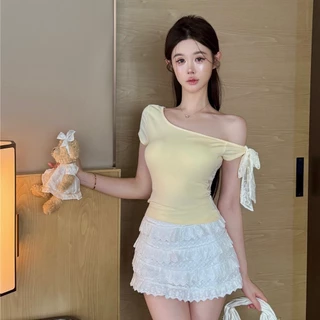 SuSu เสื้อเปิดไหล่เกาหลีสายลูกไม้ สีพาสเทลน่ารัก เนื้อนิ่มยืดหยุ่น ใส่เที่ยวทะเล-FY2918