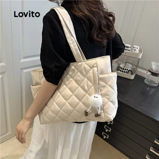 Lovito กระเป๋าถือสะพายไหล่ผ้าเนื้อหนา ทนทาน เหมาะสำหรับเดินทาง ใช้ในชีวิตประจำวัน ไปโรงเรียน/นักเรียน สไตล์เกาหลี สำหรับผู้หญิง LFA98022
