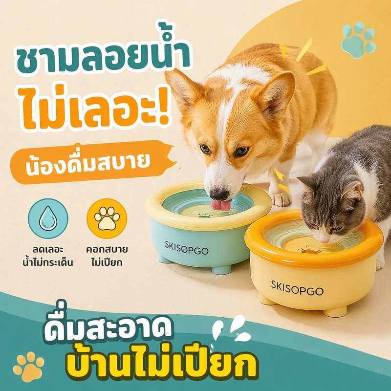 ชามน้ำสุนัข ชามน้ำแมว ชามน้ำลอยตัว กันน้ำหก ไม่เปียกปาก ชามน้ำสัตว์เลี้ยง พลาสติก 2L