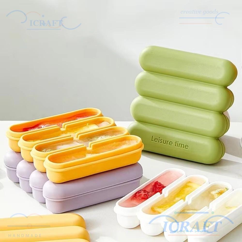 ICRAFT ถาดน้ําแข็งซิลิโคน, 4 กริดพร้อมฝาปิดแม่พิมพ์น้ําแข็งแถบ, Easy Release Leakproof Reusable Popsicle Mold