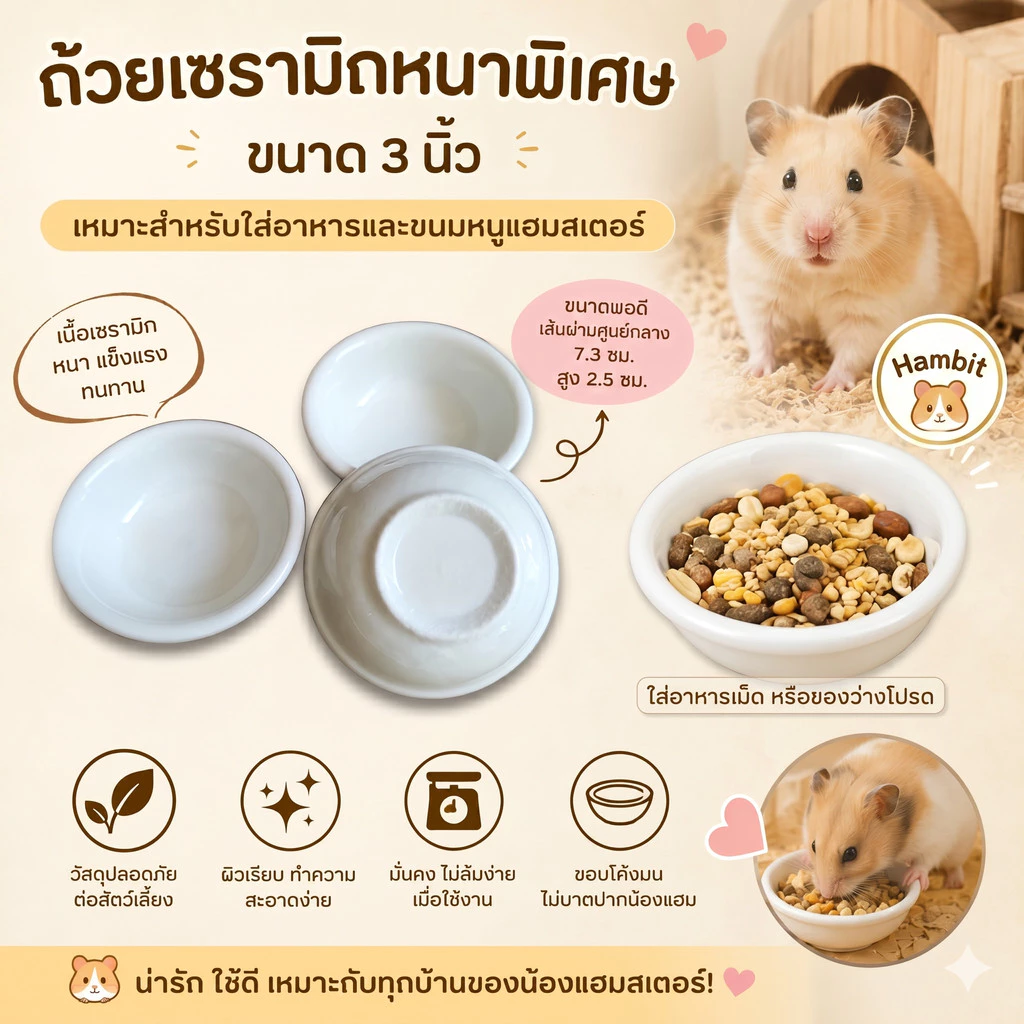 Hambit. [พร้อมส่ง] ถ้วยเซรามิกหนาพิเศษ 3 นิ้ว สำหรับแฮมสเตอร์และสัตว์เลี้ยงเล็ก