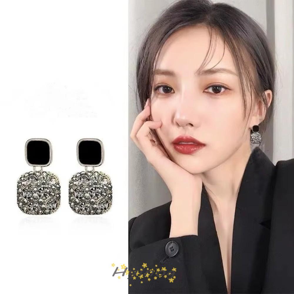 HYINOG ต่างหู, Rhinestone สีขาวสีชมพูสีม่วง Drop ต่างหู, Vintage Square Shiny Dripping Oil Geometric ต่างหูผู้หญิงเครื่องประดับ