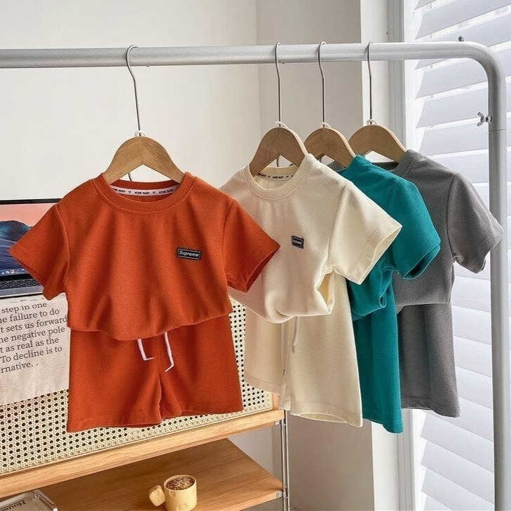 เสื้อผ้าเด็ก สไตล์เกาหลี ผ้าวาฟเฟิล ใส่ได้ทั้งเด็กชายและเด็กหญิง แฟชั่นฤดูร้อน 🧁