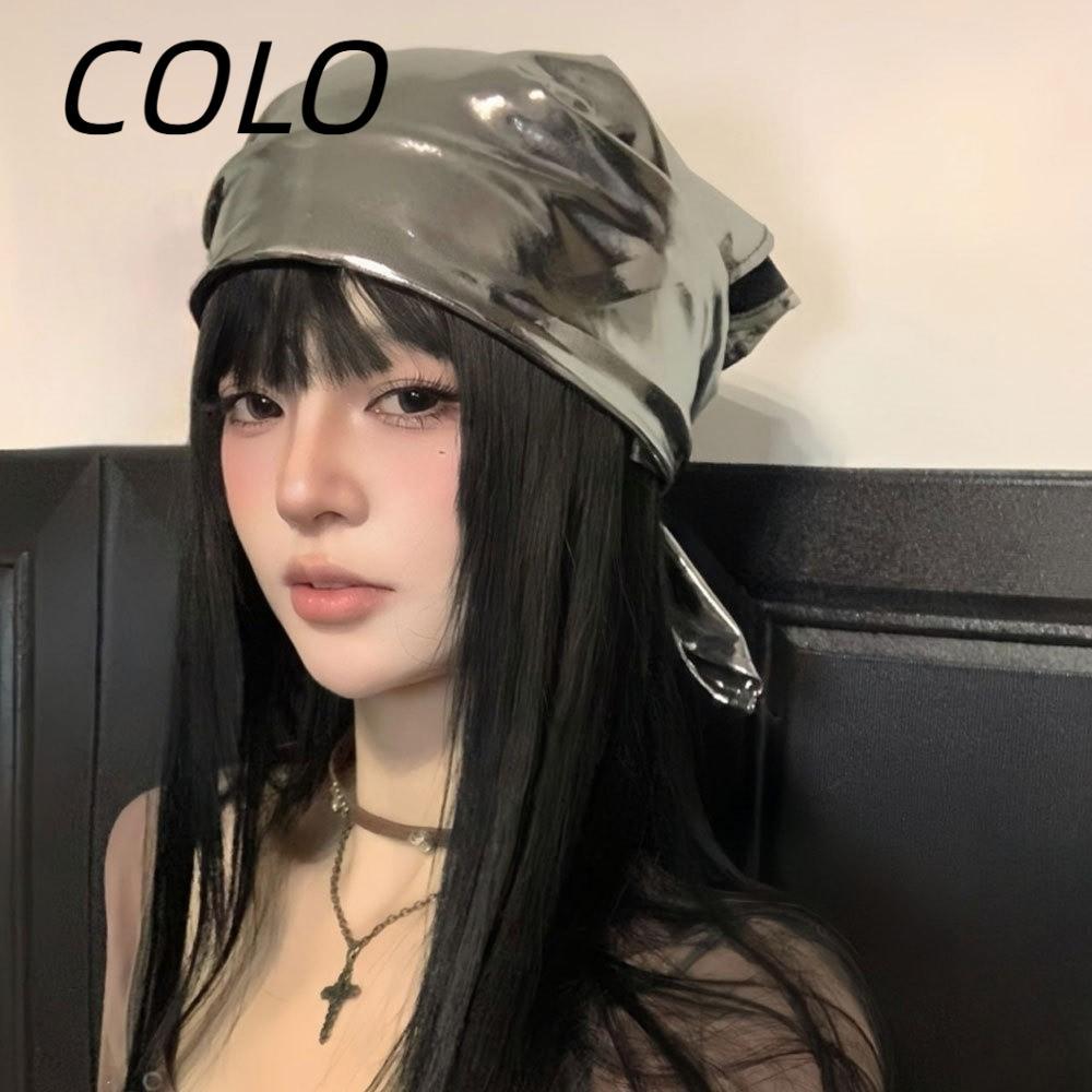 COLO Headscarf หมวก, Punk สไตล์ Bling Bling Square ผ้าพันคอ, Retro Y2K PU หนัง Hip-hop Kerchief ผ้าพันคอผ้าพันคอ