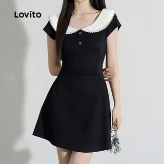 Lovito เดรสผู้หญิงสไตล์เพรปปี้ สีดํา ลายสีบล็อก เหมาะสําหรับใส่ไปทํางานหรือเดินทางในฤดูใบไม้ผลิและฤดูร้อน เกาหลี อินเทรนด์ LK5AD185