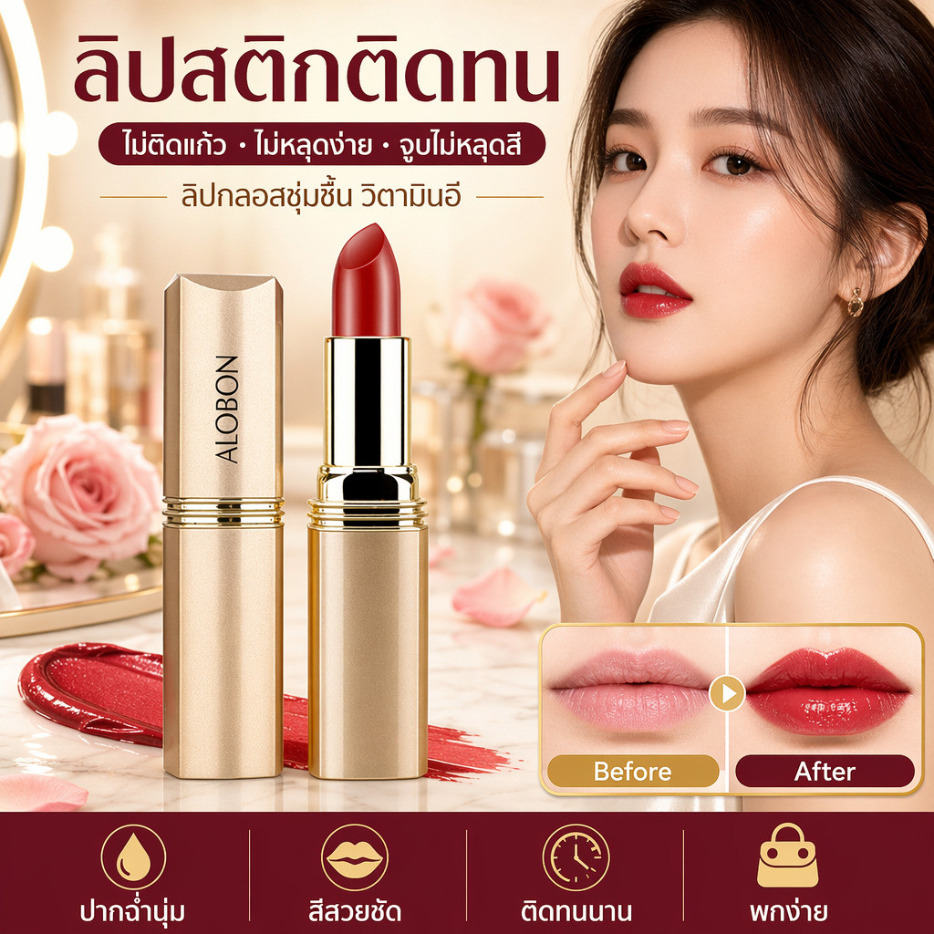 ลิปสติกติดทน ไม่ติดแก้ว ไม่หลุดง่าย จูบไม่หลุดสี ลิปกลอสชุ่มชื้น วิตามินอี ปากฉ่ำนุ่ม สีสวยชัด ติดทนนาน พกง่าย