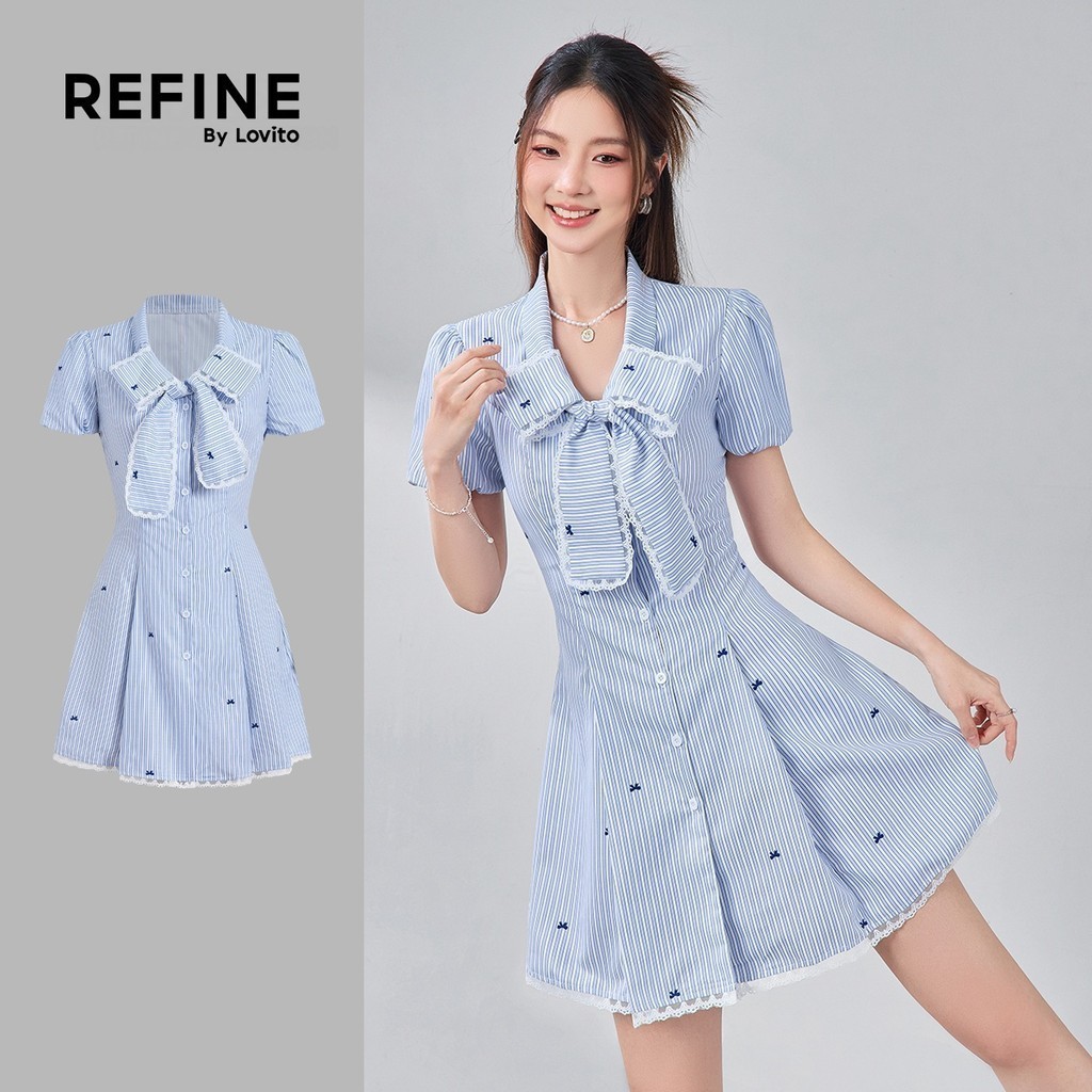 (Refine by Lovito) ชุดเดรส สไตล์เรียบๆ แบบมีกระดุม เสื้อกระโปรงพลีท แขนระบาย สีฟ้าสำหรับฤดูใบไม้ผลิ/ฤดูร้อน สำหรับผู้หญิง LR13A028