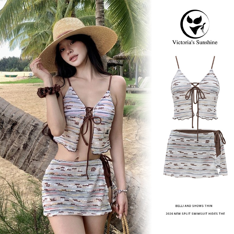 New🔥ชุดว่ายน้ำกระโปรง 3 ชิ้น บิกินี่ลายทาง สไตล์โบฮีเมียน พร้อมกระโปรงเข้าชุด สไตล์ฤดูร้อนใหม่#1141