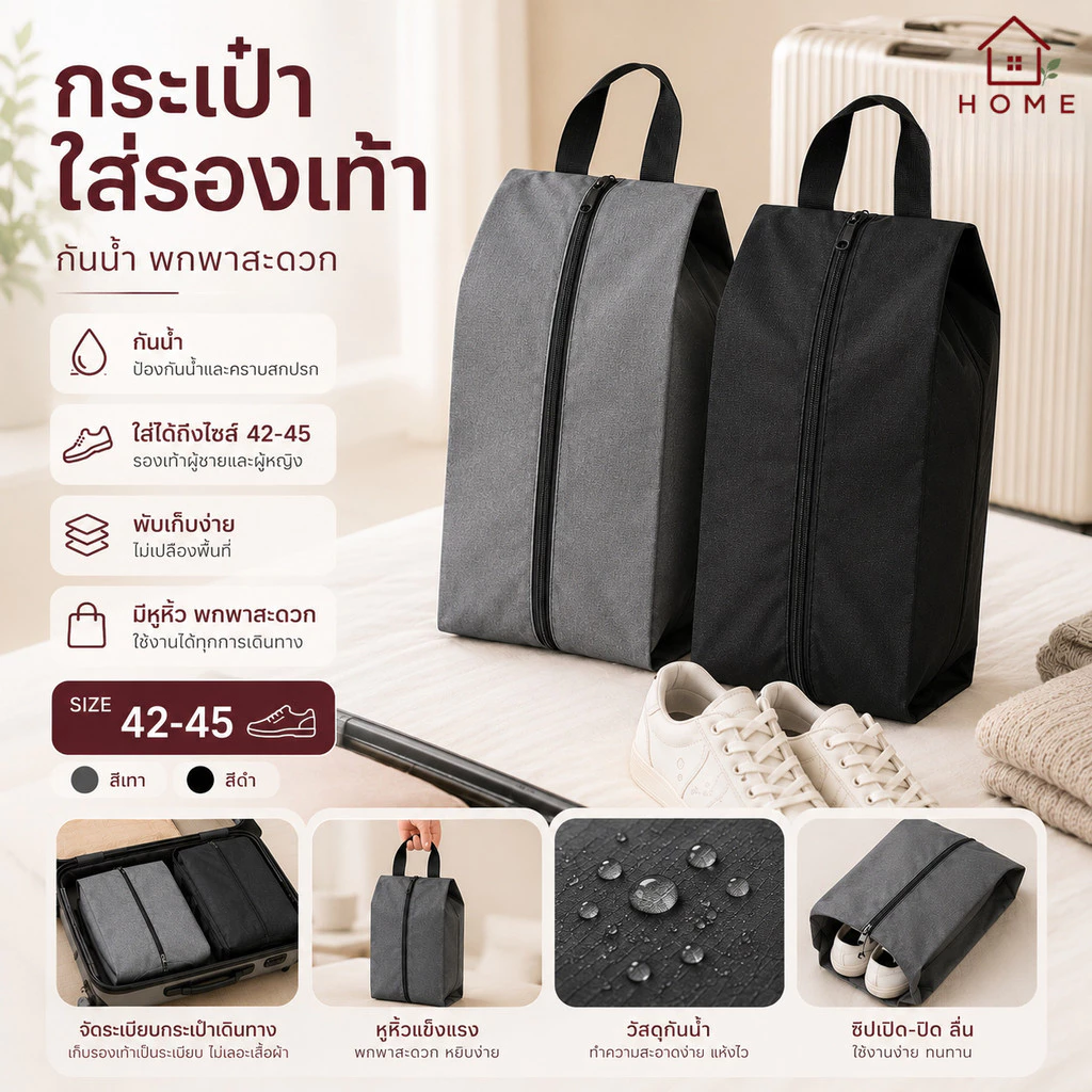 Home007 กระเป๋าใส่รองเท้า กันน้ำ กันกลิ่น พับได้ พกพา ใส่รองเท้าเดินทาง ฟิตเนส ฟุตบอล สีดำ สีเทา Size 42-45 Shoe Bag