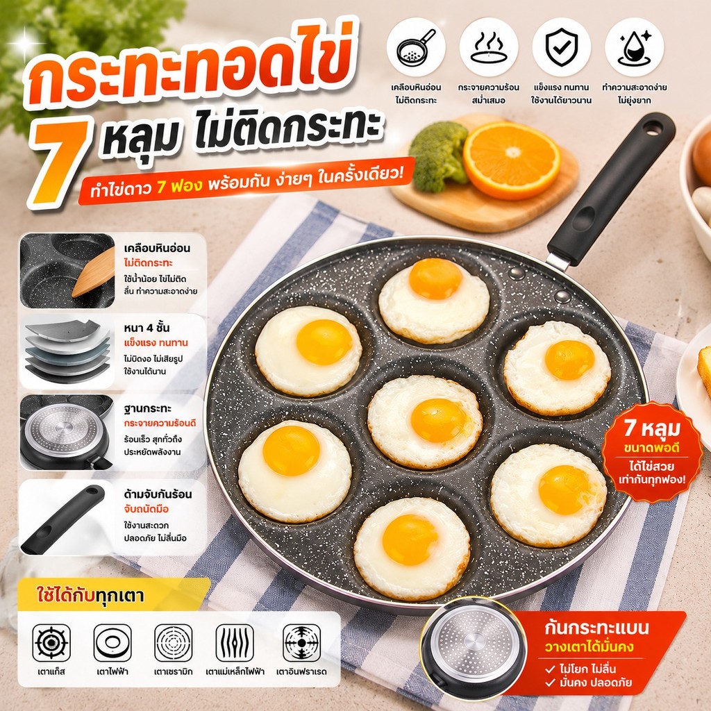 🔥กระทะ7หลุมอเนกประสงค์ ทอดไข่ดาว+ทำแพนเค้ก+ไส้แฮมเบอร์เกอร์ ไม่ติดกระทะ+สไตล์ไทย S00227
