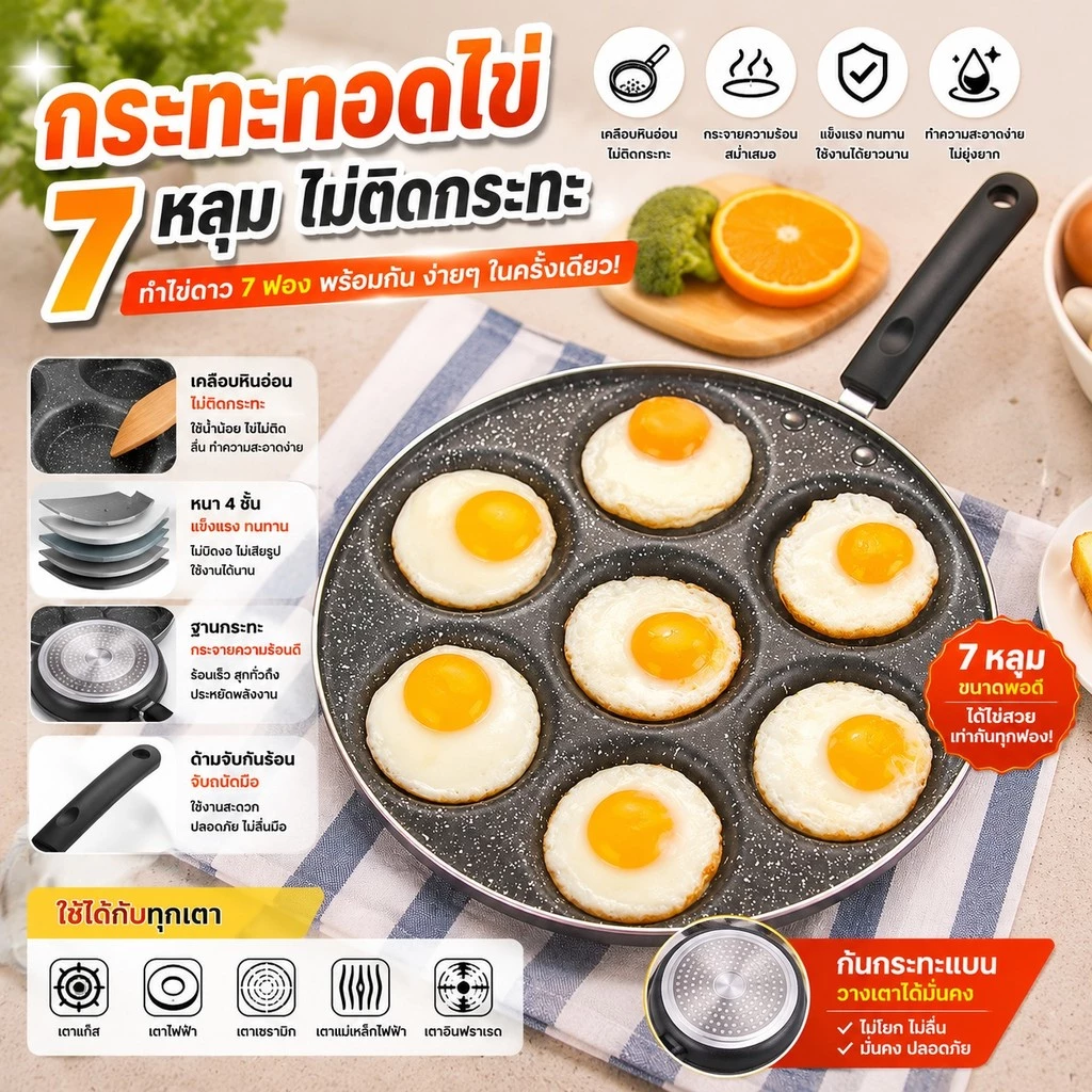 🔥กระทะ7หลุมอเนกประสงค์ ทอดไข่ดาว+ทำแพนเค้ก+ไส้แฮมเบอร์เกอร์ ไม่ติดกระทะ+สไตล์ไทย S00227