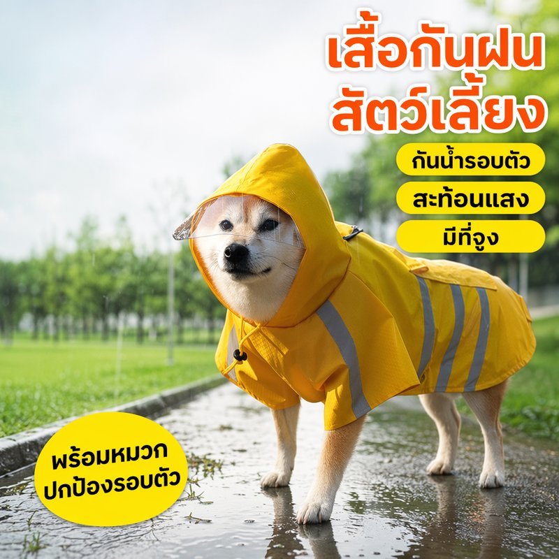 เสื้อกันฝนสุนัข เสื้อกันฝนสัตว์เลี้ยง กันน้ำ สะท้อนแสง มีฮู้ด จูงได้ กันฝนเดินเล่น