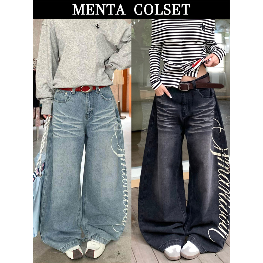 MentaCloset🖤 กางเกงยีนส์ผู้หญิง กางเกงกระบอก เอวสูง ฟอกน้ำ หลวมๆ กรีนอักษร S-3XL 6657