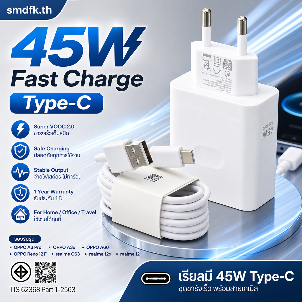 ชุดหัวชาร์จ Type-C 45W Super VOOC 2.0 + สาย 5A 1-2ม. สำหรับ OPPO Realme ชาร์จไว ตัดไฟอัตโนมัติ รับประกัน 1ปี