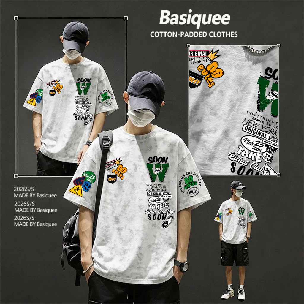 Basi💥เสื้อผู้ชาย เสื้อยืด oversize เสื้อฟอก วินเทจ สตรีท เกรดพรีเมียม เสื้อคอตตอน ไม่หดตัว ใส่สบาย ลาย "Soon rich"