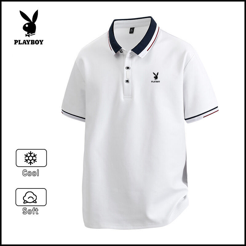 PLAYBOY เสื้อยืดผู้ชายสีดําระบายอากาศแขนสั้นปกคุณภาพสูงแฟชั่น POLO