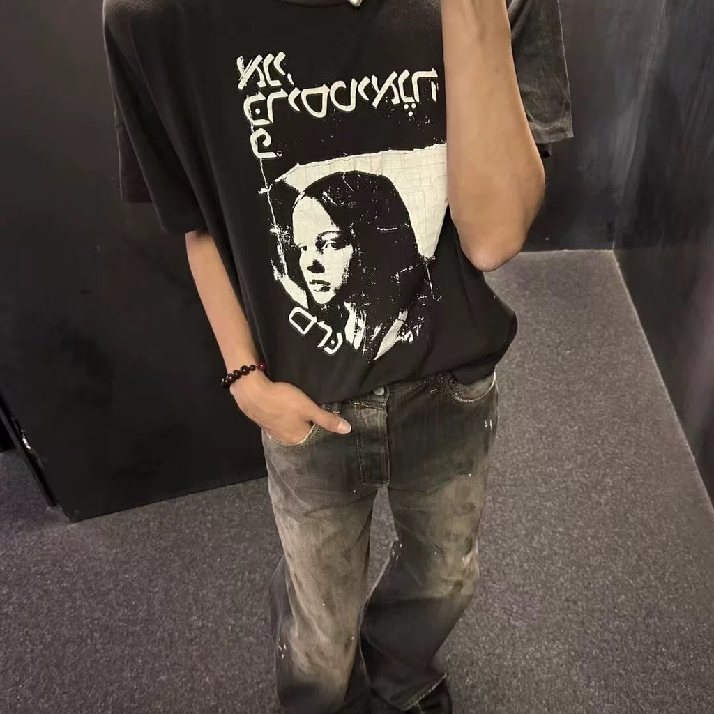 ERD Melancholy Fu รุ่นที่สอง 24fw Chris หักพิมพ์ล้างรอบคอขนาดใหญ่แขนสั้น