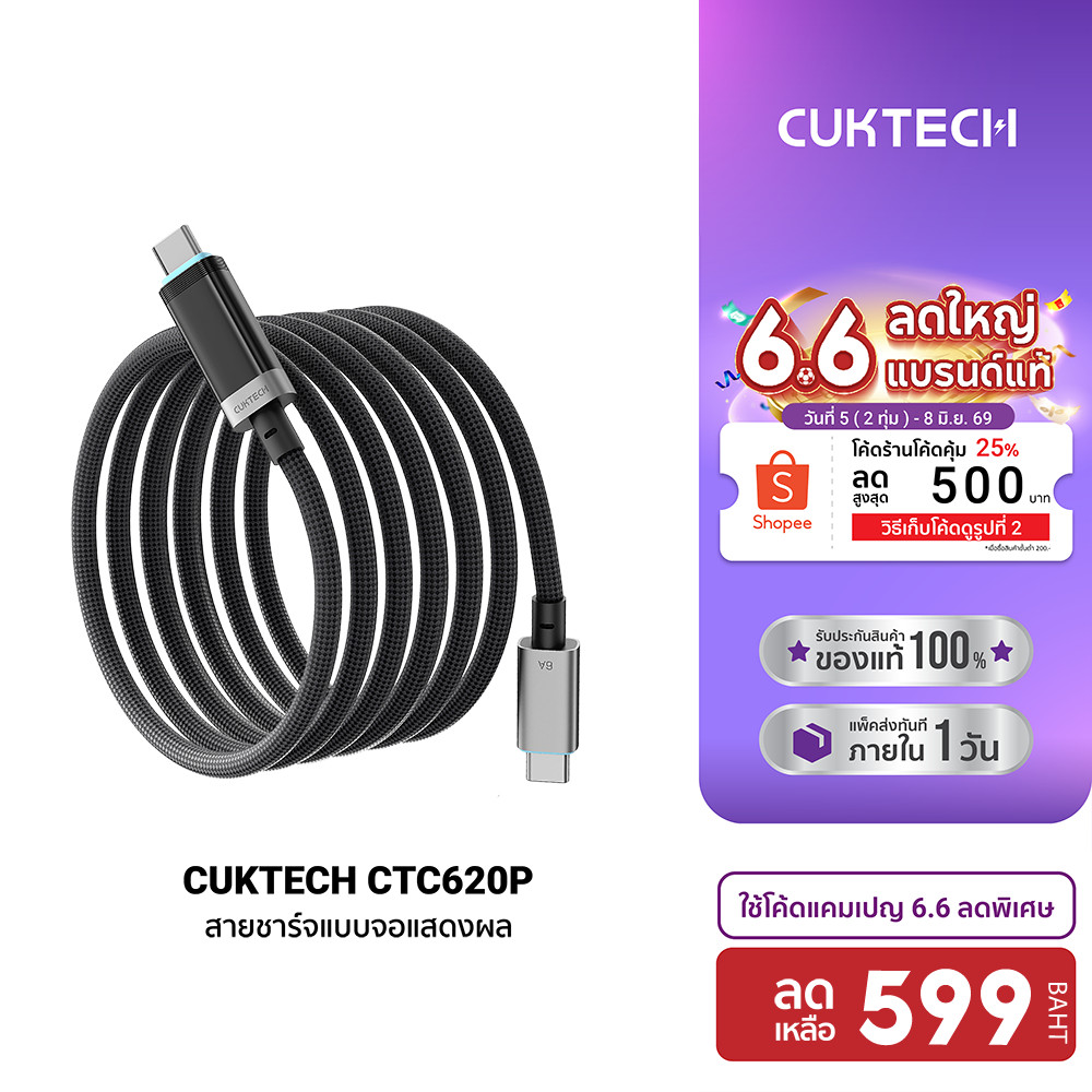 [ลดเหลือ 599] CUKTECH CTC620P 6A 240W สายชาร์จมีจอ จอ OLED USB-C to USB-C รองรับชาร์จเร็ว PD3.1 ยาว 2 เมตร -24M