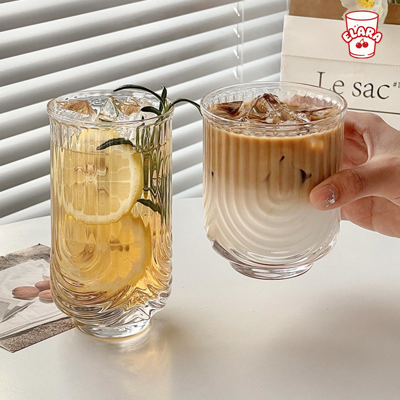 แก้วน้ำลายโค้งร่มสองไซส์ สูง-เตี้ย  แก้วกาแฟเย็น/ชานมไทย น้ำผลไม้ สไตล์ยุโรปวินเทจใช้ในบ้าน พร้อมส่ง