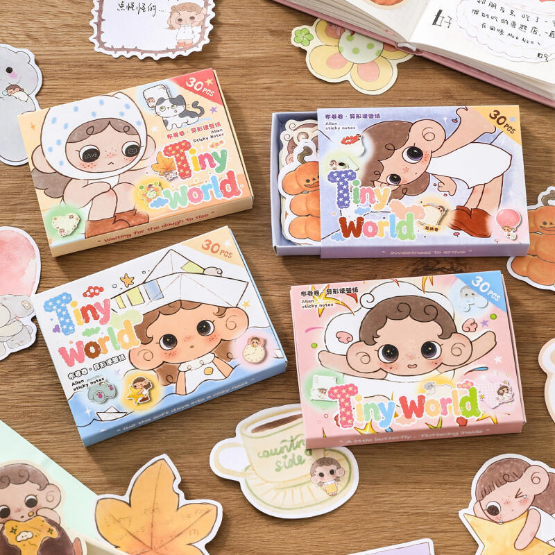 เฮ้ 30 ชิ้น [ผ้าม้วนชุดโลกน้อย] รูปหัวใจชนิดบรรจุกล่องน่ารักบันทึกเหนียววารสารสมุดอุปกรณ์