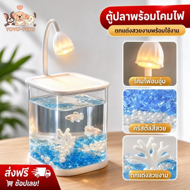 ตู้ปลาปลากัด พลาสติกหนา ทนทาน พร้อมระบบกรองน้ำ ไฟLED ขนาดเล็ก สำหรับตั้งโต๊ะทำงาน ช่วยผ่อนคลาย