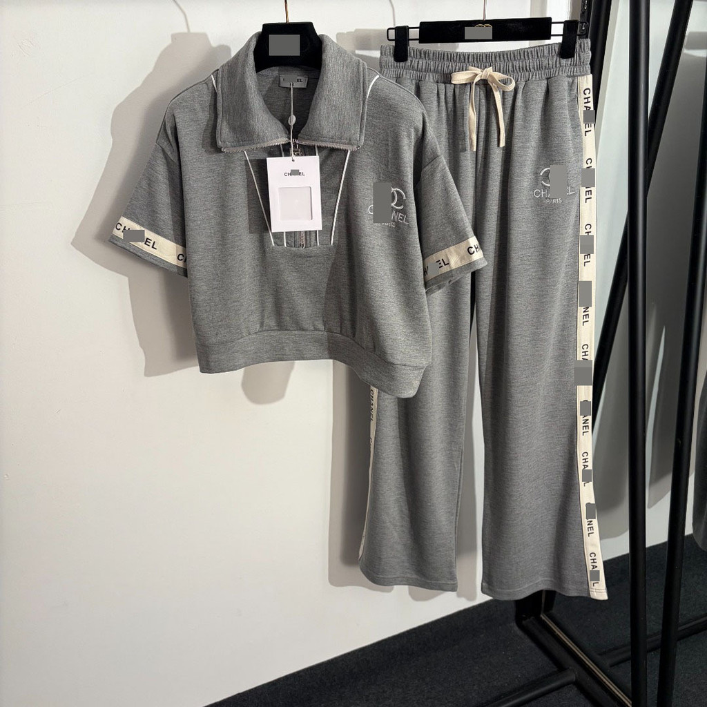 FW4V C-H**A  Embroidered zip-up short-sleeve shirt T T-shirt top and casual long pants sports suit