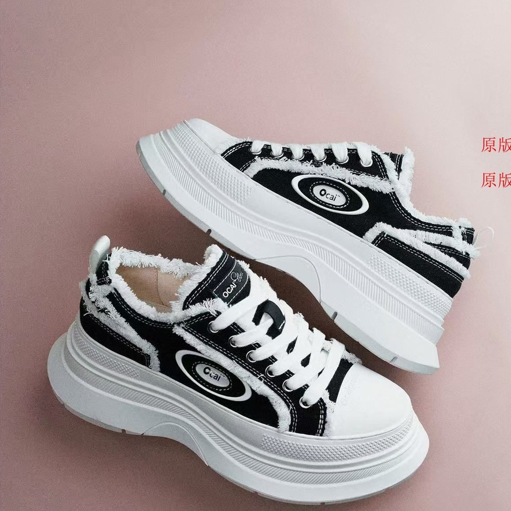 Ocai Paris รองเท้าซ้าย Bank สีเทาหนา Soled รองเท้าผ้าใบเพิ่มความสูง Retro High-End Frayed รองเท้าลํา