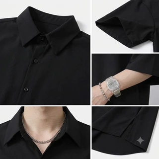 เสื้อเชิ้ตแขนสั้นผู้ชายสไตล์เกาหลี สีพื้น ทรงหลวม ไซส์ใหญ่ ใส่สบาย ระบายอากาศ เสื้อแฟชั่นลำลองแมทช์ง่าย