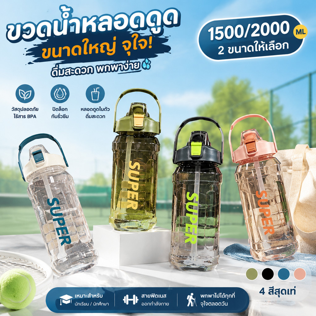 PC ขวดน้ำ 1.5/2 ลิตร กระบอกน้ำ กระติกน้ำ พร้อมหลอด ขวดน้ำพกพา (BPA FREE)