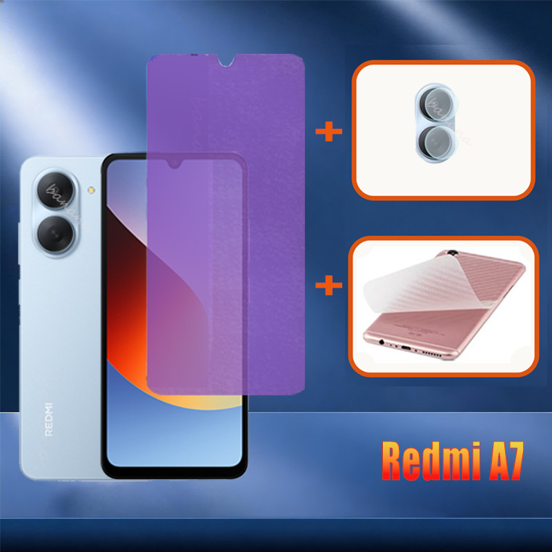 3 In 1 Redmi A7 Anti Blue Light กระจกนิรภัยสําหรับ Redmi A7 Pro A5 Poco C85X C81X C71 คลุมทั้งหมดป้องกันหน้าจอ + ฟิล์มเลนส์กล้อง + ฟิล์มป้องกันด้านหลัง Anti Scratch