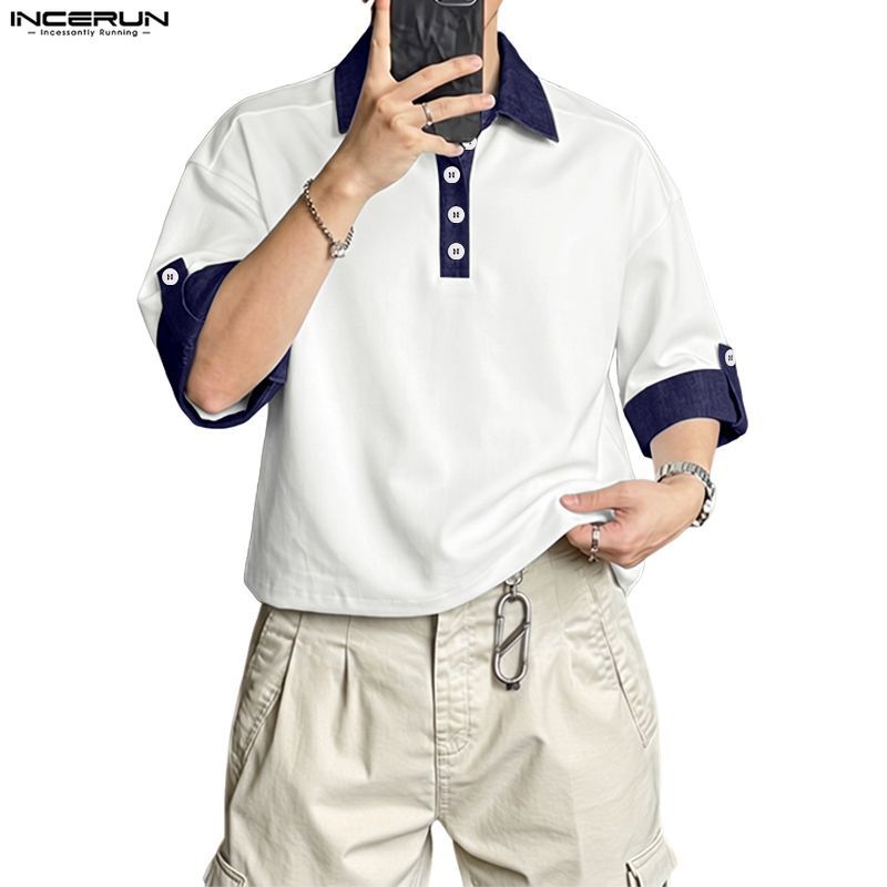 INCERUN เสื้อโปโลคอปกสีตัดกันประกบสําหรับผู้ชาย