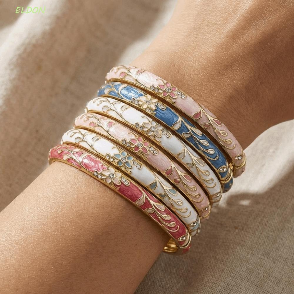 เอลดอน วินเทจ Cloisonne กําไลข้อมือ,ที่มีสีสันเคลือบดอกไม้กําไลข้อมือบนมือแบบดั้งเดิมเปิดข้อชาติพันธุ์ผู้หญิงสร้อยสา