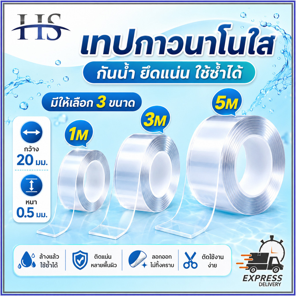 เทปนาโน 2 หน้า ใส กันน้ำ กว้าง 2ซม 1/3/5M เหนียวพิเศษ ติดแน่น ใช้ซ้ำได้ ไม่ทิ้งคราบ ติดผนัง จัดเก็บของ อเนกประสงค์