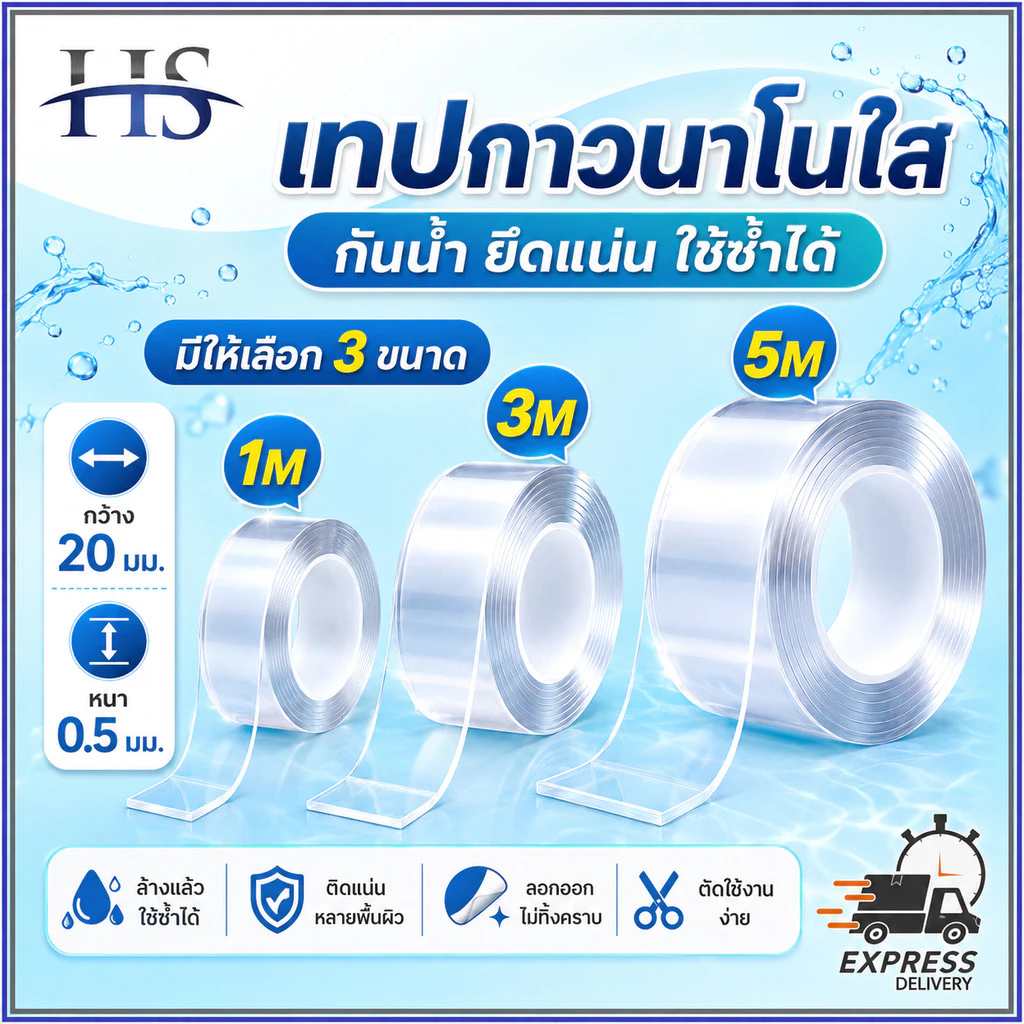 เทปนาโน 2 หน้า ใส กันน้ำ กว้าง 2ซม 1/3/5M เหนียวพิเศษ ติดแน่น ใช้ซ้ำได้ ไม่ทิ้งคราบ ติดผนัง จัดเก็บของ อเนกประสงค์