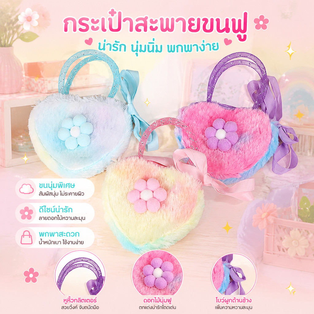 กระเป๋าถือเด็ก ตกแต่งด้วยลายดอกไม้การ์ตูน สามารถใช้เก็บเหรียญและบัตรได้