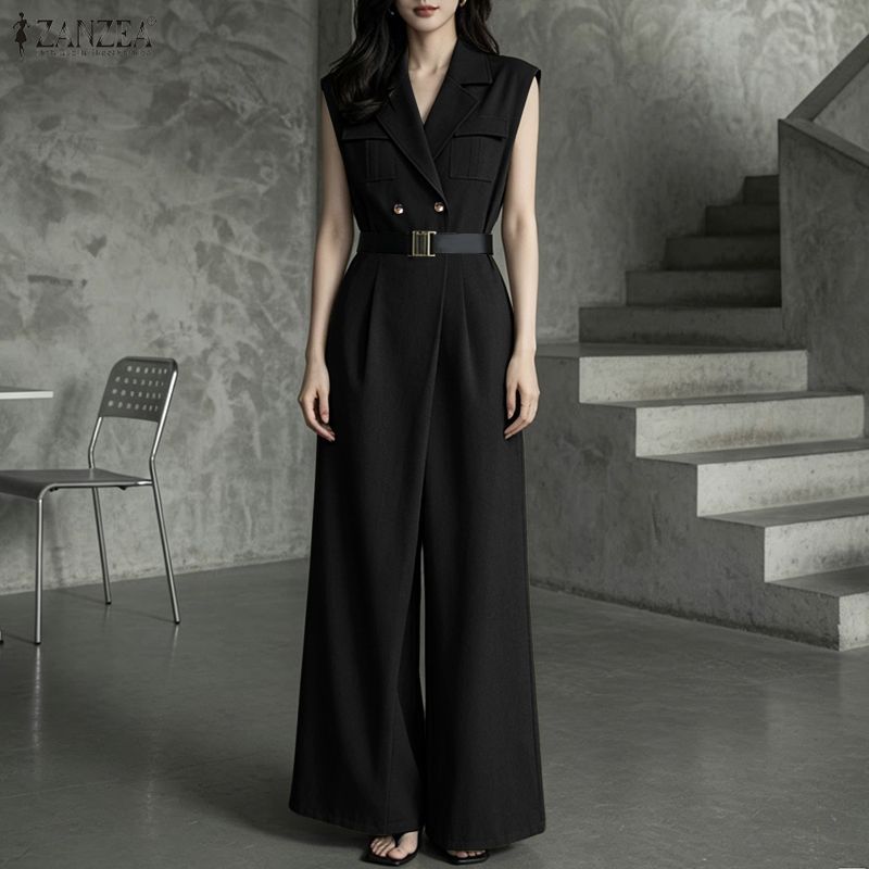 ZANZEA ผู้หญิงสํานักงานอย่างเป็นทางการเกาหลี OL Notch Lapel Double-Button แขนกุดขากว้าง Elegant Jumpsuits — صورة 4