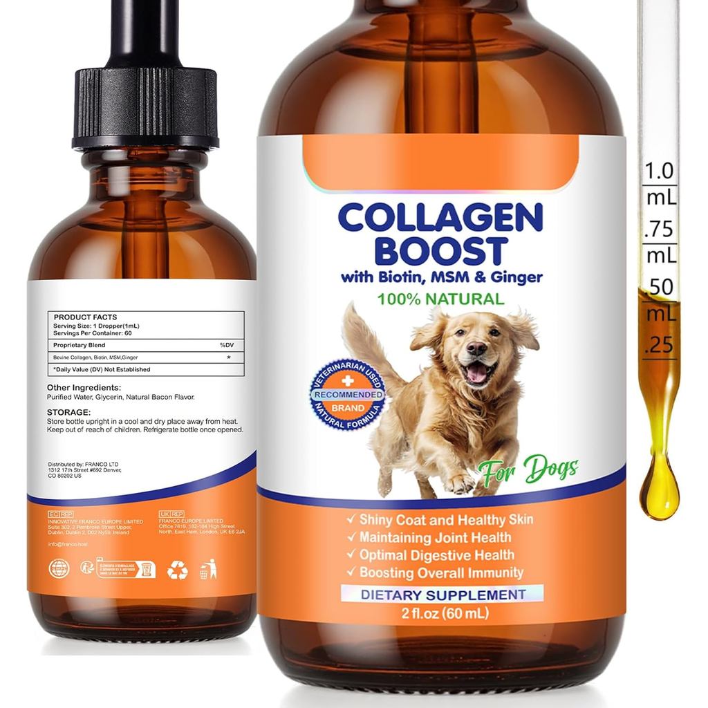 คอลลาเจนสําหรับสุนัข 60ml, Liquid Dog Collagen Drops, Liquid Collagens for Dog Joints, Skin & Coat, 