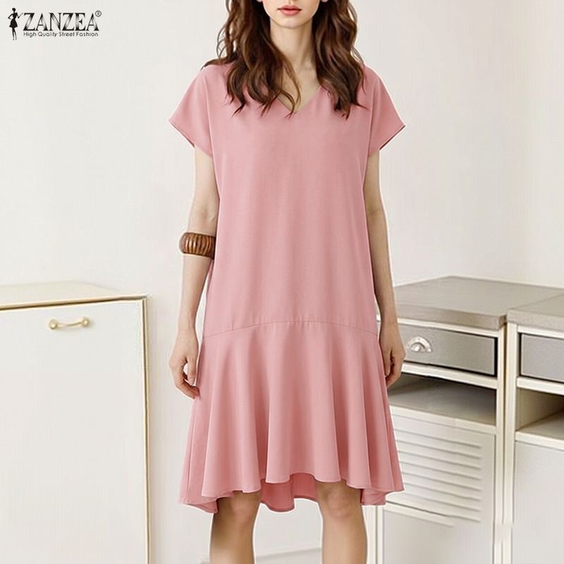 ZANZEA Celmia ผู้หญิงแฟชั่นเกาหลีคอวีแขนสั้นสีทึบจีบ Patchwork Simple Dress — صورة 6