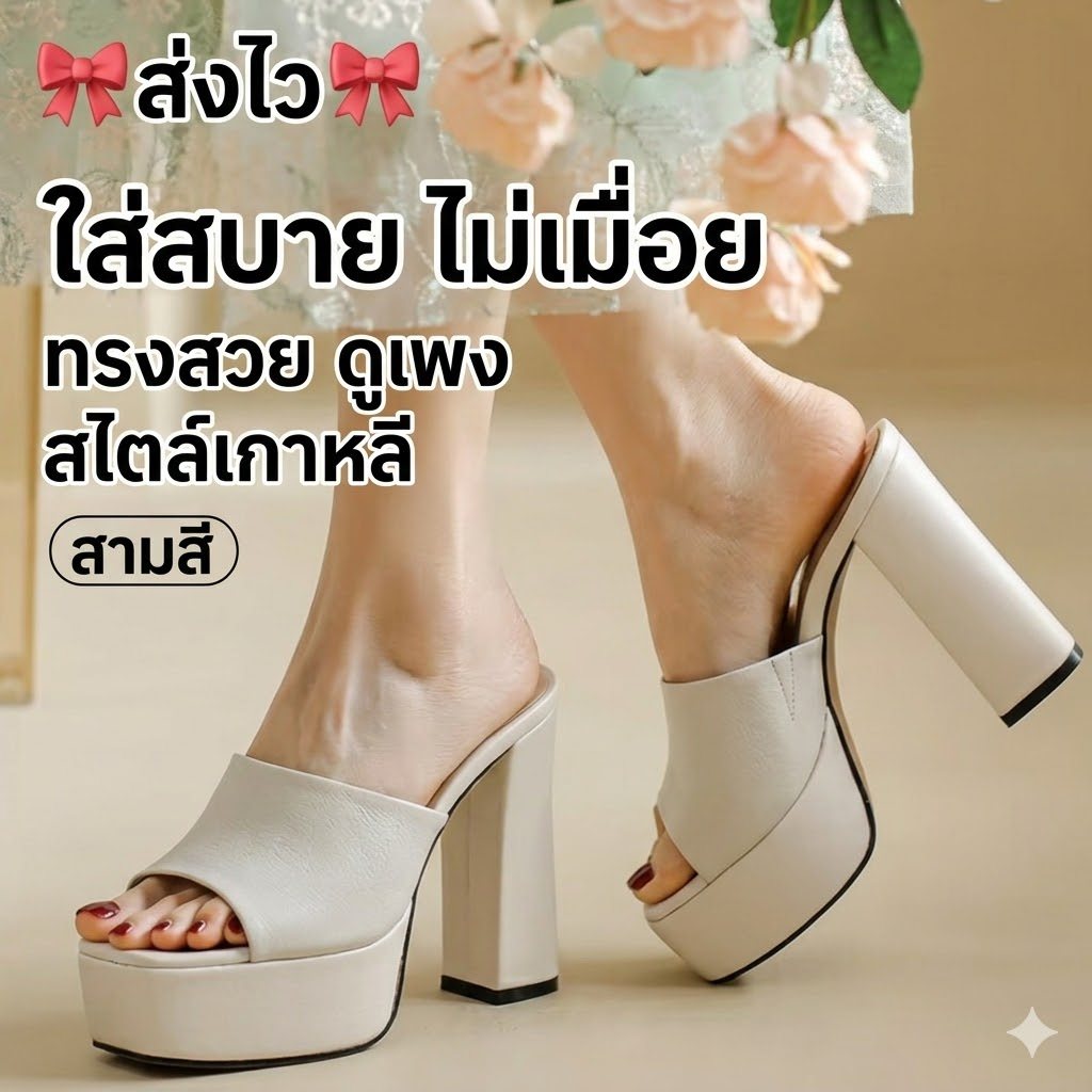 รองเท้าส้นสูงส้นตึกหนา 10.5 ซม. เสริมหน้าแพลตฟอร์ม ทรงสวม Peep Toe สไตล์เกาหลี ใส่สบาย พร้อมส่ง