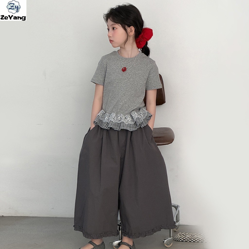 [ซี่] 110-170 พร้อมสต็อกเด็กผ้าฝ้ายแขนสั้นเสื้อยืดชุดหลวมกางเกงขากว้างหญิงทารกลายสก๊อตลูกไม้ด้านบนแฟชั่นเด็ก