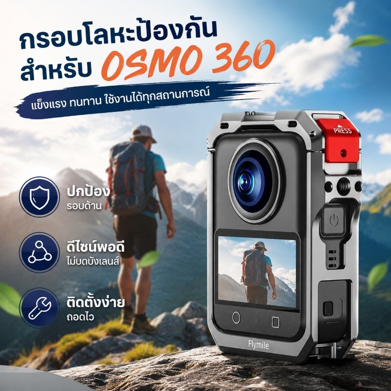 อุปกรณ์เสริม DJI Osmo360 กรอบอลูมิเนียมกันกระแทก รองรับขาตั้งและไมค์ ผ่านช่องเย็น มีซิลิโคนครอบเลนส์
