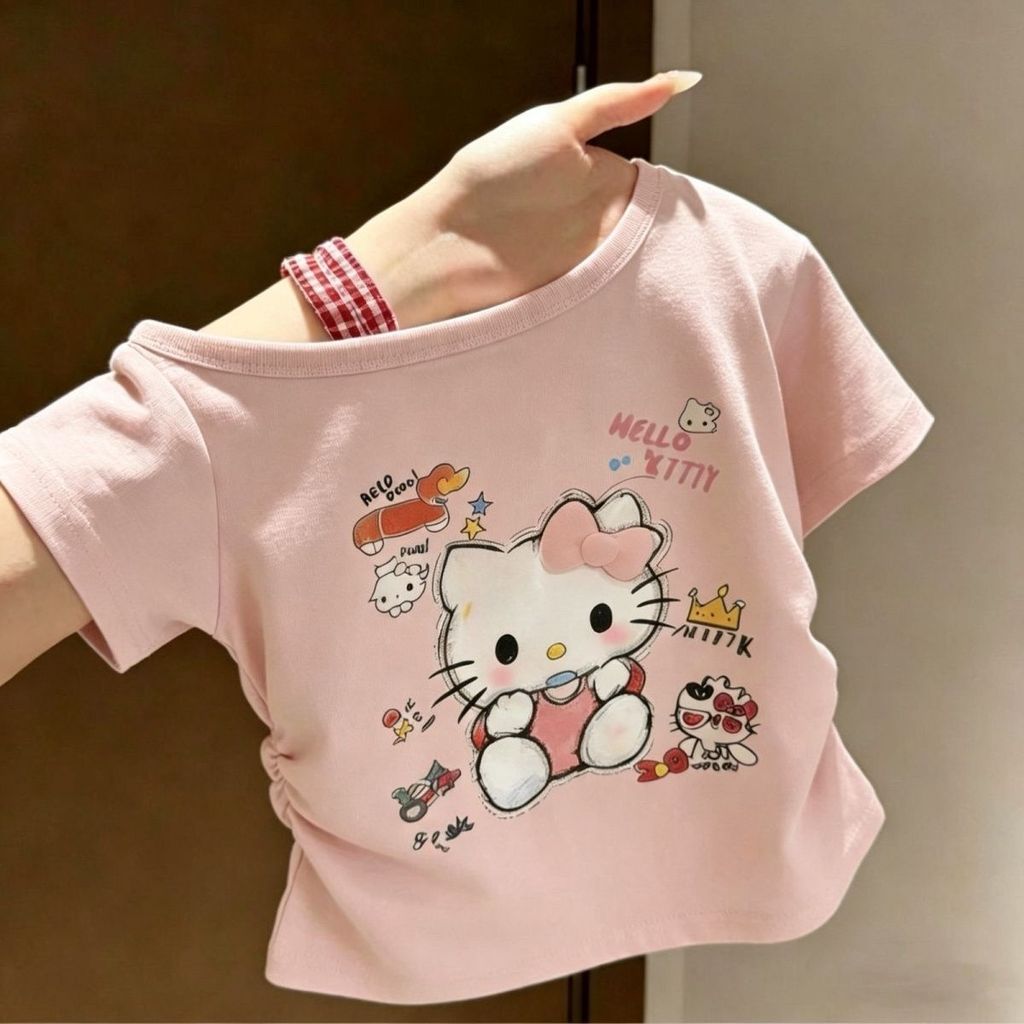 ฤดูร้อนเด็กแขนสั้นเสื้อยืดสาว 2026 ใหม่การ์ตูนแมวพิมพ์สบายๆด้านบน