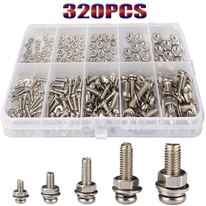 320pcs M2 M2.5 M3 M4 M5 สกรูสกรูสกรูหัว Bolt และ Nut เครื่องซักผ้าชุดสกรูสแตนเลส