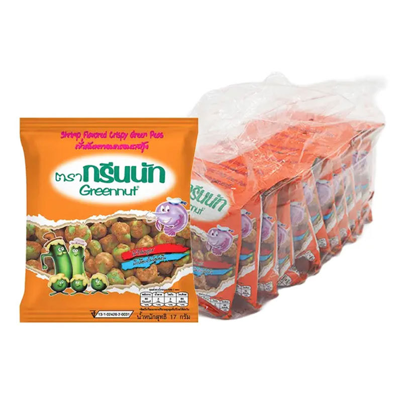 กรีนนัท ถั่วลันเตาอบกรอบ รสกุ้ง 17 ก. x 12 (GREENNUT Crispy Green Peas Shrimp Flavor 17 g x 12) โปโลแมน POLOMAN