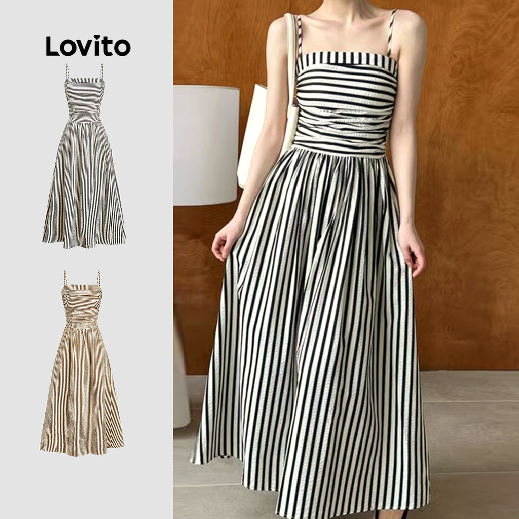 Lovito ชุดเดรส แต่งย่น ลายทาง สไตล์ลำลอง สำหรับผู้หญิง L121MD302