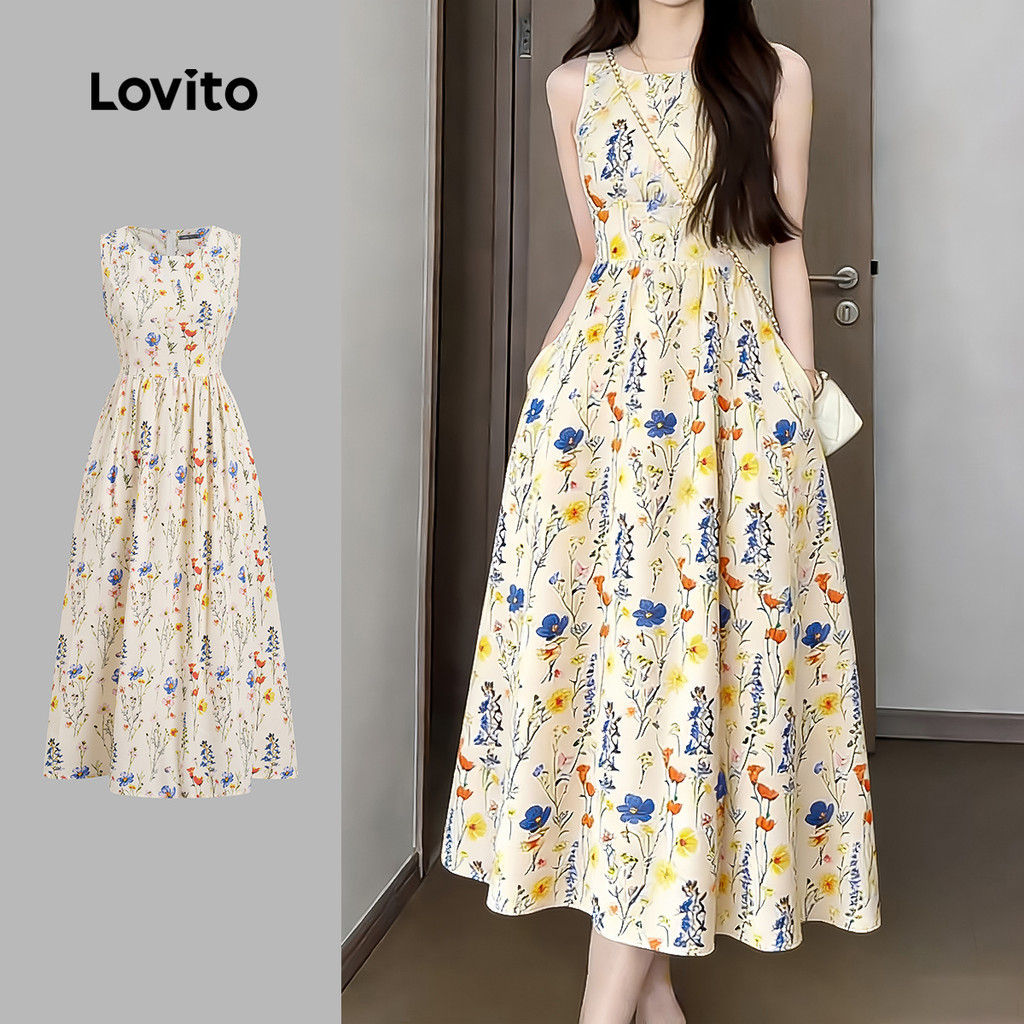 Lovito ชุดเดรสโรแมนติกสำหรับวันสงกรานต์ ดีไซน์มีกระเป๋า ลายดอกไม้ สำหรับผู้หญิง LK4AD022