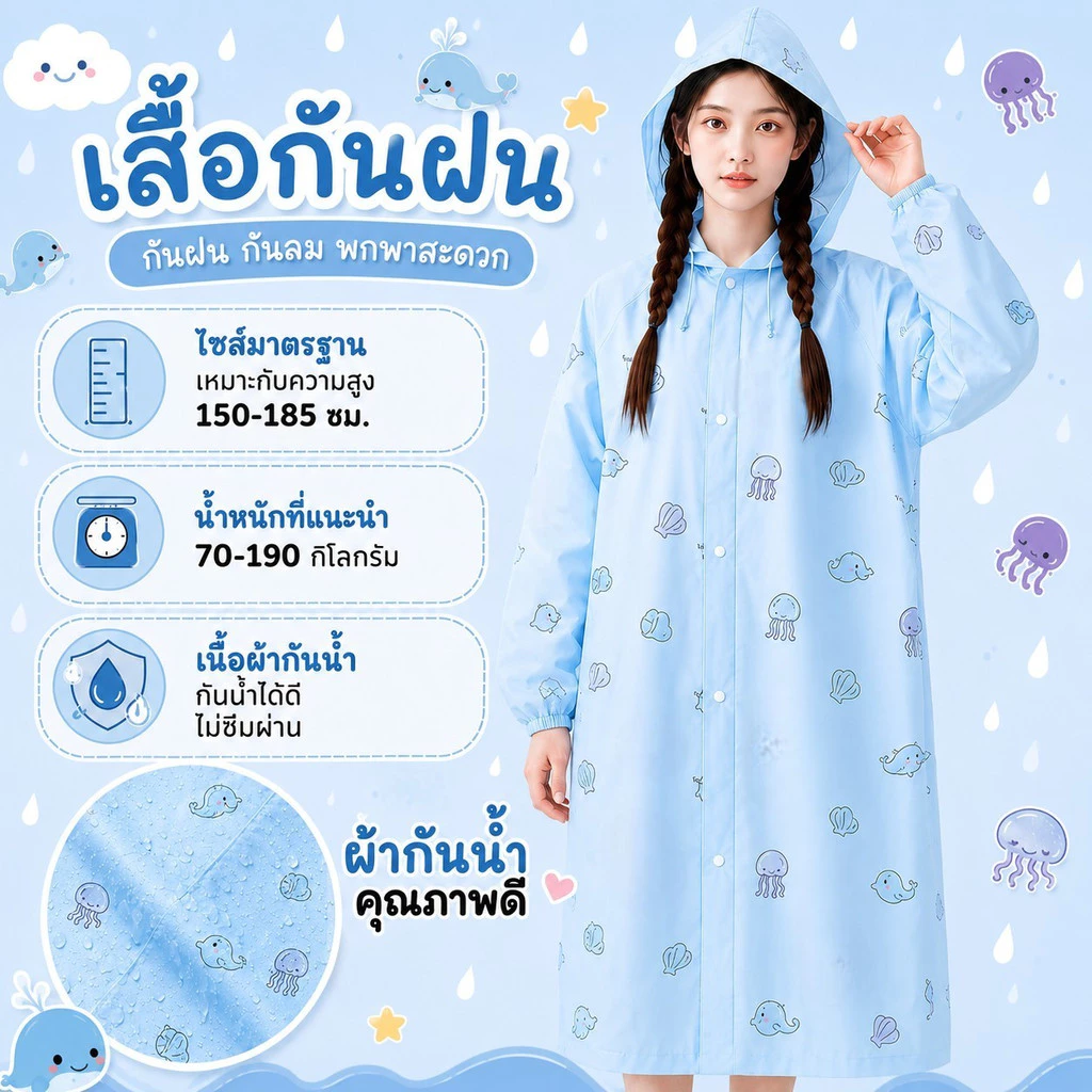 [JZ47] เสื้อกันฝนแฟชั่น ลายน่ารัก กันน้ำ กันลม พกพาง่าย ใส่เที่ยว ใส่ไปคอนเสิร์ต แคมป์ปิ้ง กันฝนได้ดี thumbnail 9