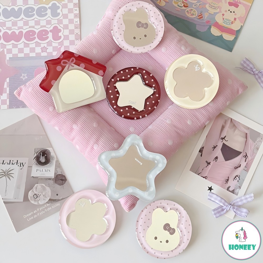 Sweet Girly Mirror Phone Grip Stand สําหรับ iPhone 12 13 14 15 16 17 Pro Max น่ารักกาวออกแบบการ์ตูน
