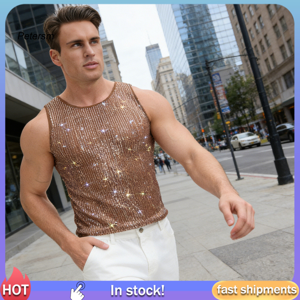 PP Glitter ผู้ชายเสื้อแขนกุดเสื้อแขนกุดผู้ชาย TOP ผู้ชาย Rhinestone เสื้อแขนกุด Sparkly Sheer เสื้อกล้ามเซ็กซี่รอบคอเสื้อสําหรับเทศกาลดนตรี Rave สําหรับตะวันออกเฉียงใต้