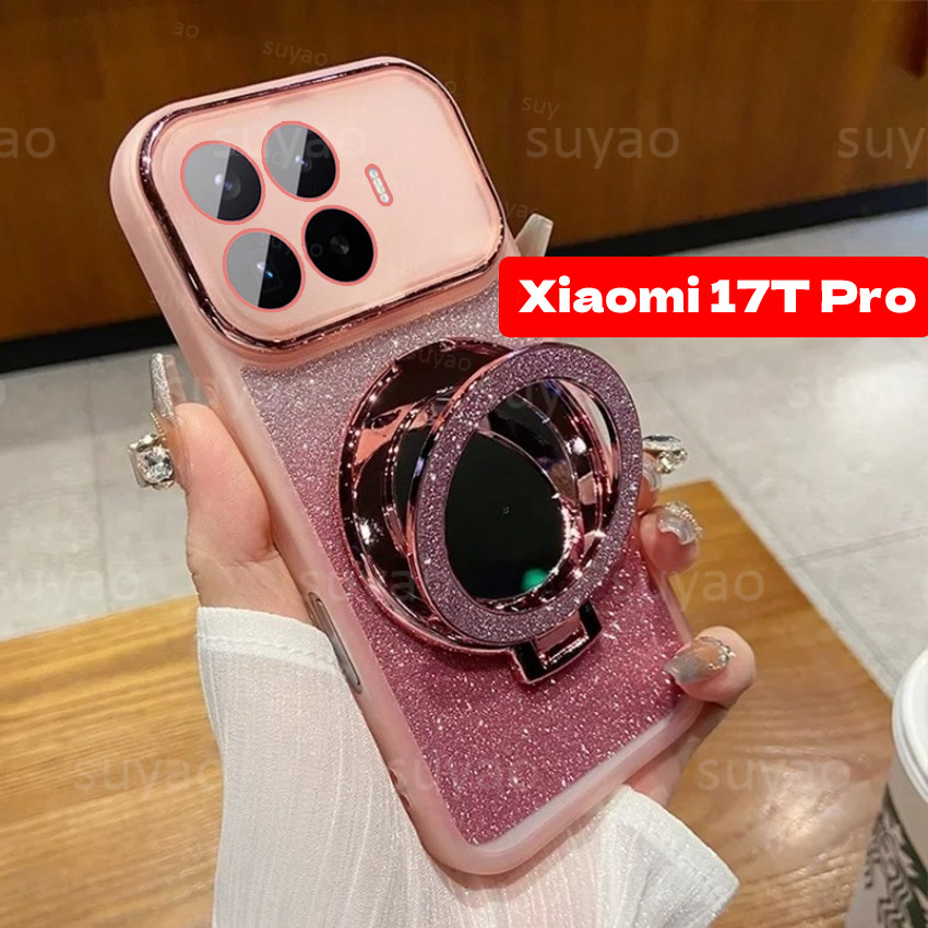 สําหรับXiaomi 17T Pro 17TPro 2026 เคสโทรศัพท์กระจกแม่เหล็กหรูหราผู้ถือแหวนปลอกXiaomi17TPro Xiaomi17T 15T Bling Sitckerซิลิโคนสาวน่ารักSoft Glitter ShockProofปกหลัง